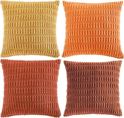 Fancy Homi Set of 4 Burnt Orange Fall Decorative Throw Pillow Covers 16x16 Inch for Couch Bed Chair, Modern Farmhouse Boho Room Decor, Soft Fuzzy Corduroy Textured Striped Cushion Case 40cm