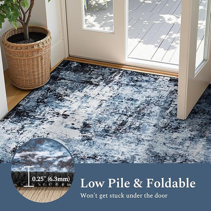 Rugflix 2x6 Runner Rug for Entryway, Kitchen Rugs Soft Non-Slip Washable Runners for Hallway, Abstract Small Carpet with Non-Slip Backing for Bedroom, Living Room, Navy Blue/Black