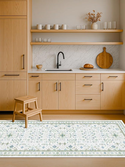 Hazo Haus Boho Bathroom Runner 2x7 - Cream Green Oushak Floral Turkish, Washable Low Pile Non Slip Stain Resistant Small Accent Rug for Kitchen, Hallway