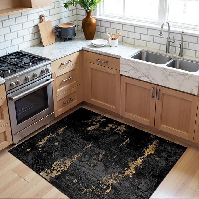 Washable Area Rugs 3'x5' Non-Slip Modern Abstract Soft for Living Room Entryway Bedroom Nursery, Print Pattern, Dark Black Gold