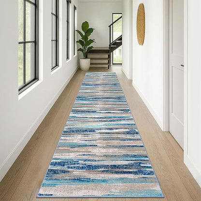 Lansny Modern Abstract Runner Rug 3x12, Blue Washable Long Kitchen Runner Non-Slip Soft Hallway Rug Runner Thin Print Faux Wool Carpet for Entryway Bedroom Laundry Room Indoor Home Decor