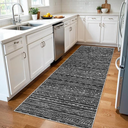 3x7 Washable Hallway Runner Rug - Moroccan Non-Slip Indoor Table Long Runners for Entryway Soft Low-Pile Neutral Rugs for Kitchen Waterproof Geometric Carpet for Bedroom Bathroom Laundry 3x7 Black