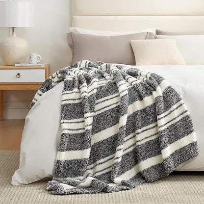 Snuggle Sac Heather Throw Blanket for Couch, Reversible Super Soft Blankets Warm Cozy Knit Fuzzy Plush Lightweight for Sofa, Bed, Camping, Picnic (Stripe Black, Queen (90"x90"))