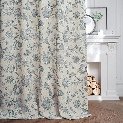 jinchan Linen Floral Curtains for Living Room with Printed Flower 90 Inches Long Light Filtering French Country Back Tab Rod Pocket Blue Window Curtain Set Farmhouse Drapes 2 Panels Blue