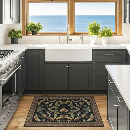 Small Black Entryway Rug - 2x3 Front Door Rug Indoor Entrance, Small Carpet for Kitchen Floor, Bathroom, Powder Room, Washable Low Pile Non Slip, Insect Print Home Décor