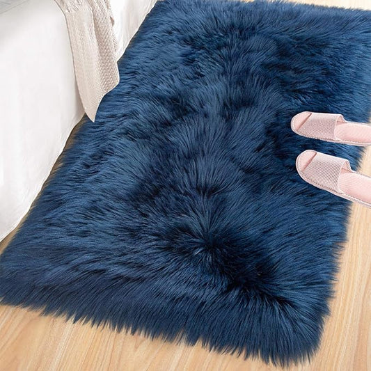 LOCHAS Soft Fluffy Faux Fur Rugs for Bedroom Bedside Rug 2x3 Feet, Washable, Furry Sheepskin Area Rug for Living Room Girls Room, Luxury Shag Carpet Home Decor, Light Navy