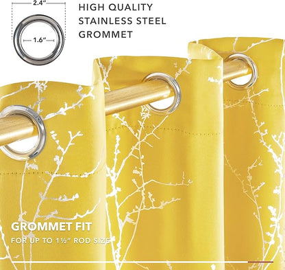 Deconovo Blackout Curtains Yellow, 52 x 84 Inch 2 Panels Set Drapes for Living Room, Modern Silver Tree Print Pattern, Thermal Insulated Soundproof Window Panel for Bedroom Office, Machine Washable