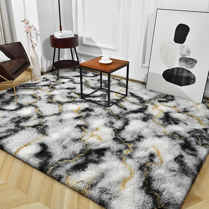 TWINNIS Super Soft Shaggy Rugs Fluffy Carpets, 4x5.9 Feet, Indoor Modern Plush Area Rugs for Living Room Bedroom Kids Room Nursery Home Decor, Upgrade Anti-Skid Rectangular Fuzzy Rug, Grey Gold