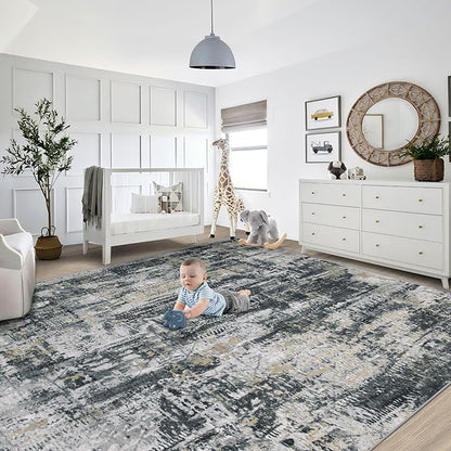 XLUEZ 9x12 Area Rug for Living Room, Washable Modern Abstract Large Area Rug Neutral Soft Non Slip Kids Rug Stain Resistant Indoor Carpet for Bedroom Dining Room Playroom Office(BlackGreyGold, 9'x12')