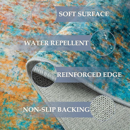 Washable Area Rugs 2'x8' Non-Slip Modern Abstract Soft for Living Room Entryway Bedroom Nursery, Print Pattern, Teal Blue Green Orange Rust Red Coloreful