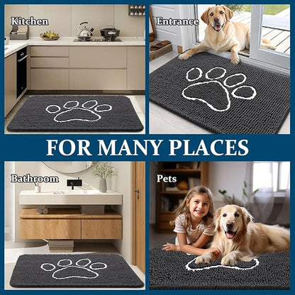 OLANLY Dog Door Mat for Muddy Paws 40x24, Paw Print Design, Absorbs Moisture and Dirt, Absorbent Non-Slip Washable Doormat, Quick Dry Chenille Mud Mat for Dogs, Entry Indoor Entryway Carpet, Dark Grey