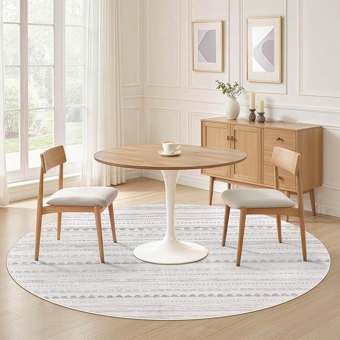 Nakagishi Round Rug Boho Area Rugs: 5x5 Washable Large Circle Neutral Soft Stain Resistant Non-Slip Carpet for Women Aged 25-45 Farmhouse Decor Enthusiasts - Living Room Bedroom Dining Room Nursery