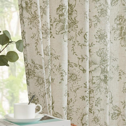 jinchan Linen Blend Floral Curtains for Living Room 84 Inch Length Sage Green Printed Curtain Rod Pocket Back Tab Farmhouse Peony Flower Patterned Drapes Bedroom Curtains Set 2 Panels