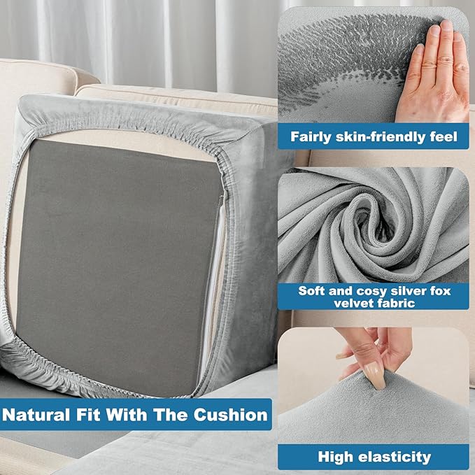Couch Cover Stretch Velvet Sofa Cushion Cover 3-Piece - Elastic Washable Slipcover for Seat or Backrest, Couch Seat Covers for Sofas (Light Grey)