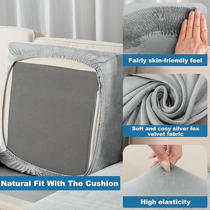 Couch Cover Stretch Velvet Sofa Cushion Cover 3-Piece - Elastic Washable Slipcover for Seat or Backrest, Couch Seat Covers for Sofas (Light Grey)