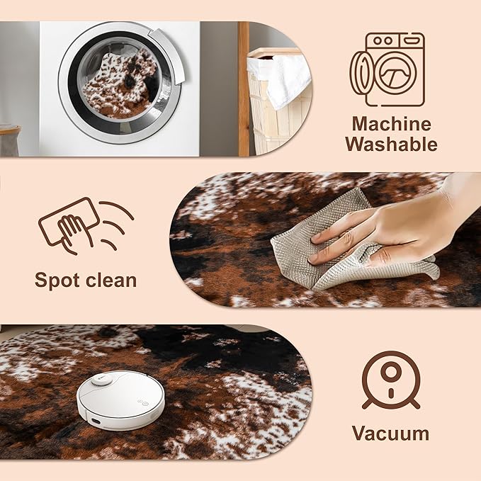 Cow Print Faux Cowhide Rug, Fluffy Fur 5.2x7 Feet Washable Cow Rugs for Living Room Bedroom Animal Print Hide Skin Rustic Western Décor Black and Brown