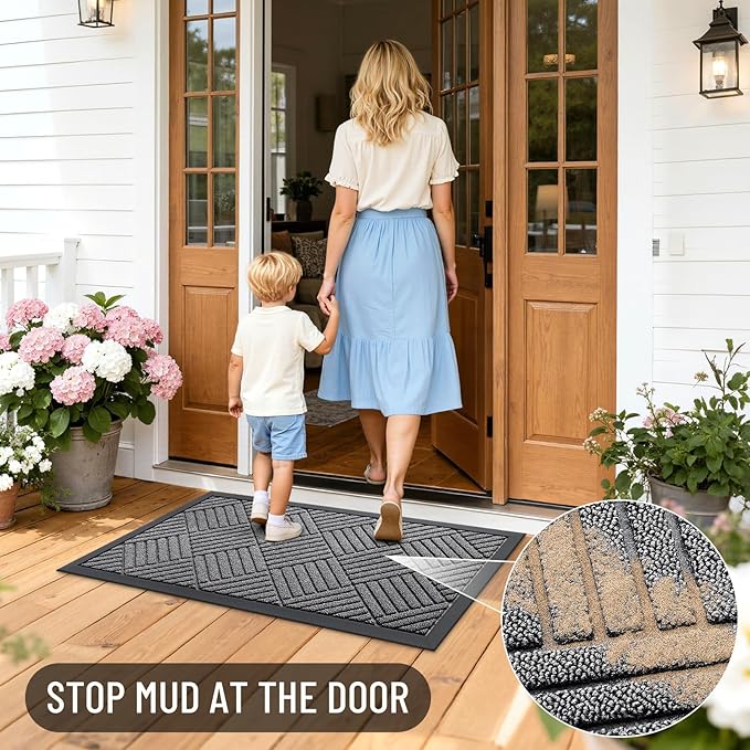 OLANLY Front Door Mat Outside Entrance 35x23, Absorbent, Heavy Duty Sturdy Natural Rubber Doormat Indoor Outdoor, Stain and Fade Resistant, Non-Slip Low Profile Floor Mat for Entryway, Grey Diamond