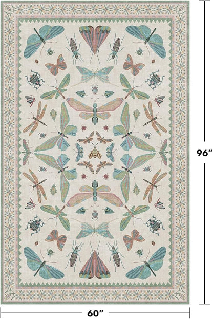 Hazo Haus Green and Blue Nursery Rug 5x8 - Washable Soft Area Rugs for Bedroom Under Bed, Living Room, Vintage Floral Butterfly Fun Indoor Floor Decor
