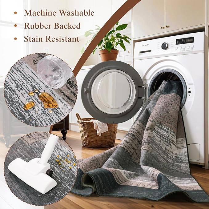 LIANLAM 3x5 Washable Area Rugs for Living Room and Bedroom, Vintage Checkered Pattern Non-Slip Carpet, Stain Resistant Low Pile Soft Rug for Dining Room,Office,Nursery,Kids Room(3x5,Chocolate)