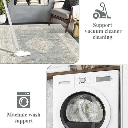 2x3 Entryway Rug Non-Slip Washable Thin Indoor Vintage Rug Low-Pile Floor Carpet for Entrance Bedroom Kitchen Bathroom Beige Grey