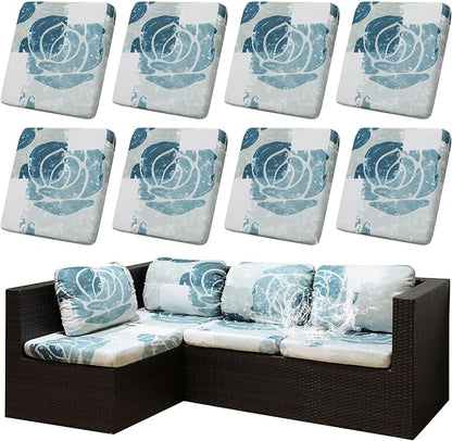 8Pcs Outdoor Cushion Covers, Patio Cushion Covers,Stretch Elastic Slipcovers, Replacement Washable & Reusable Furniture Protector for Patio Couch (Blue Rose-Pattern,Cover Only)