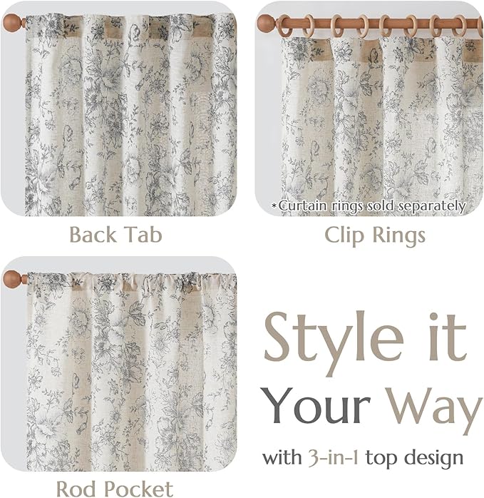 jinchan Linen Blend Curtain Floral Curtains for Living Room 45 Inch Length Grey Printed Curtain Rod Pocket Back Tab Farmhouse Peony Flower Patterned Drapes Bedroom Window Curtains Set 2 Panels