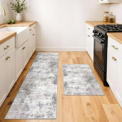 IOHOUZE Abstract Area Rugs and Runners Sets 2x3 and 2x6 Ft, Washable Entryway Rug and Runner Set, Non Slip Kitchen Rug Set, Printed Faux Wool Modern Floor Carpet for Hall Kitchen Entrance, Grey Beige