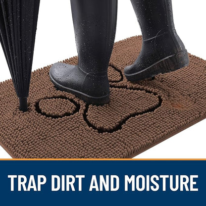OLANLY Dog Door Mat for Muddy Paws 36x24, Paw Print Design, Absorbs Moisture and Dirt, Absorbent Non-Slip Washable Doormat, Quick Dry Chenille Mud Mat for Dogs, Entry Indoor Entryway Carpet, Mocha