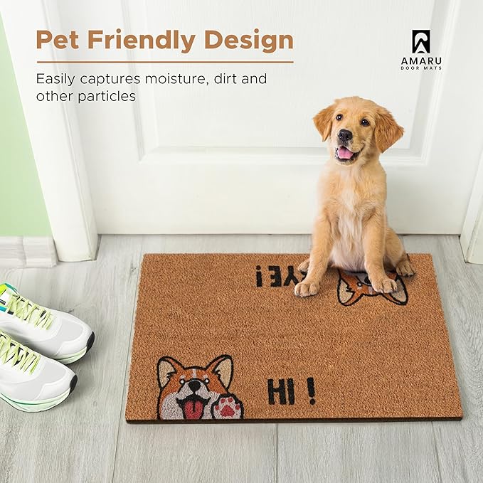 Hi-Bye Dog - 17"x29" - Coir Door Mat with Heavy Duty Backing - Welcome Mats for Entryway, Porch - Anti-Slip PVC & Coconut Fiber Surface - Natural Home Accessories, Minimalist Original Design