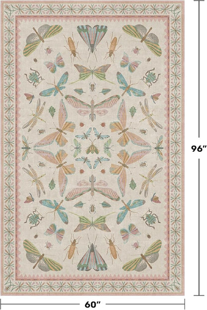 Hazo Haus Washable 5x8 Light Pink Rug for Bedroom - Pink Boho Girl Nursery Rug, Living Room, Nature Insect Bug Print Home Decor