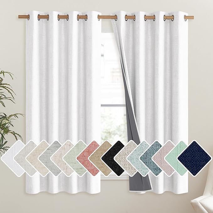 NICETOWN 100% Absolutely Blackout Linen Curtains with Thermal Insulated Liner, Greyish White, 52" Wide, 45" Length Energy Saving Curtains for Living Room 2 Panels Set, Vertical Blinds