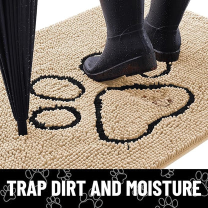 Smiry Dog Door Mat for Muddy Paws, Absorbent Dirt Trapper Non Slip Quick Dry Washable Chenille Mat for Mud Dogs, Entry Rug for Indoor and Outdoor (30x20 Inches, Beige and Black)