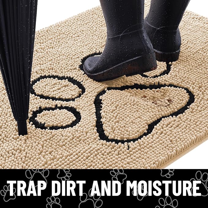 Smiry Dog Door Mat for Muddy Paws, Absorbent Dirt Trapper Non Slip Quick Dry Washable Chenille Mat for Mud Dogs, Entry Rug for Indoor and Outdoor (36x24 Inches, Beige and Black