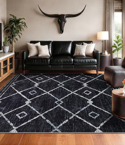 YIHOUSE Moroccan Rugs for Living Room, 6x9 Black and White Aztec Area Rug, Western Geometric Soft Low-Pile Washable Rugs for Bedroom, Dining Room