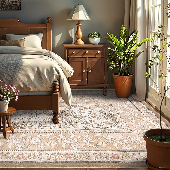 GarveeHome Provence 6x9 Area Rugs, Botanical Grove Vintage Cottagecore Non-Slip Washable Rug for Bedroom Living Room Nursery Kitchen Low-Pile Retro Large Carpet Pinkish Brown