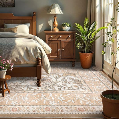 GarveeHome Provence 6x9 Area Rugs, Botanical Grove Vintage Cottagecore Non-Slip Washable Rug for Bedroom Living Room Nursery Kitchen Low-Pile Retro Large Carpet Pinkish Brown
