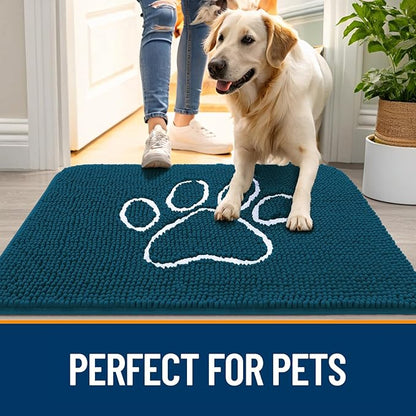 OLANLY Dog Door Mat for Muddy Paws 47x32, Paw Print Design, Absorbs Moisture and Dirt, Absorbent Non-Slip Washable Doormat, Quick Dry Chenille Mud Mat, Entry Indoor Entryway Carpet, Atlantic Blue