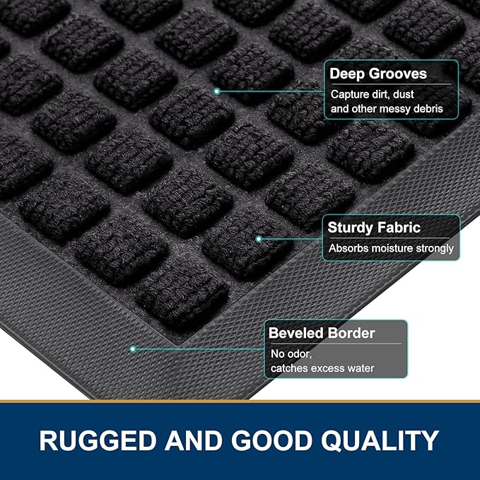 Smiry Front Door Mat Outside Entrance, Heavy Duty Natural Rubber Doormat, Non Slip, Trap Dirt and Moisture, Easy Clean, Low Profile Welcome Floor Mats for Indoor Outdoor Entry, 47x23 Inch, Black