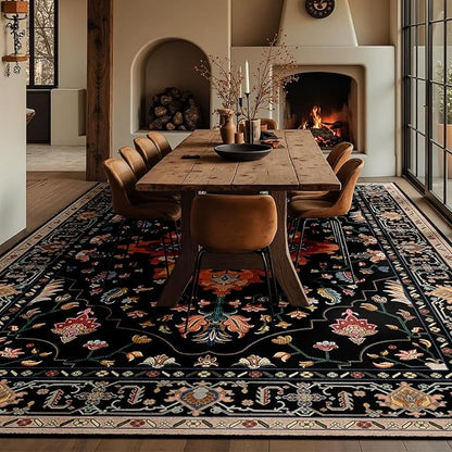 RELEANY Area Rugs 10'x12' Washable Non-Slip, Floral Vintage Distress Print Pattern Medallion Carpet for Living Room Bedroom Dining Room, Black Colorful Floral Dark Tan