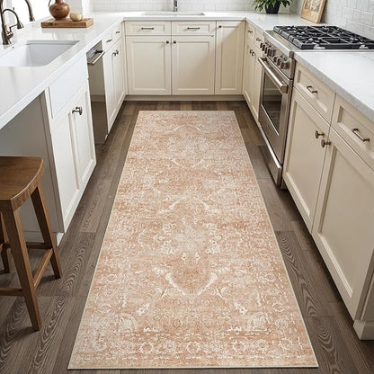 Hallway 2x6 Washable Runner - Vintage Non-Slip Long Rug for Entryway Low-Pile Washable Medallion Runner for Hallway Waterproof Traditional Runners Indoor Thin Rug for Kitchen (Brick)