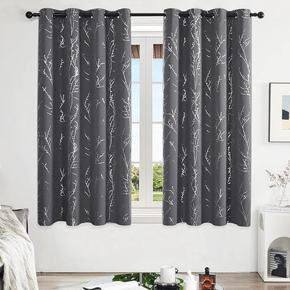 Deconovo Grey Blackout Curtains, Thermal Insulated Soundproof Drapes, Silver Branch Foil Print, 52 x 63 Inch, 2 Panels, Machine‑Washable Privacy Window Panel for Living Room Bedroom Nursery Office
