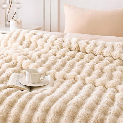 COOVA Faux Fur Throw Blanket for Couch, Cozy Soft and Fuzzy Plush Rabbit Fur Bubble Blanket for Sofa Bedroom Living Room, 60x80 Inches Light Taupe