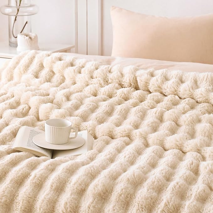 COOVA Faux Fur Throw Blanket for Couch, Cozy Soft and Fuzzy Plush Rabbit Fur Bubble Blanket for Sofa Bedroom Living Room, 50x60 Inches Light Taupe