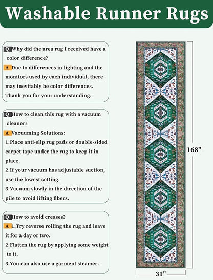 SERISSA Runner Rug for Hallways, 2'6"x14' Washable Non Slip Kitchen Runner Rug, Extra Long Boho Rug Ultra Soft Vintage Green White Print Floor Carpet for Bedroom Hallway Entryway Bathroom Laundry Room