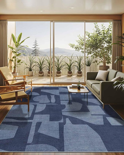 Latte&Fog 8x10 Area Rugs for Living Room, Large Modern Abstract Washable Rug, Boho Non Slip Low Pile Carpet for Indoor Bedroom Dining Room, Office, Dorm, Classroom, Farmhouse and Kids Room - Navy Blue