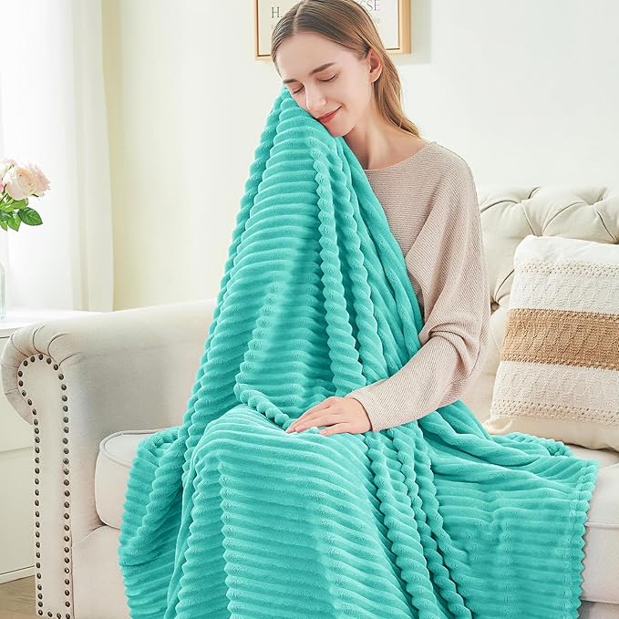 BEDELITE Fleece Throw Blanket for Couch – 3D Ribbed Jacquard Soft and Warm Decorative Fuzzy Blanket – Cozy, Fluffy, Plush Lightweight Aqua Throw Blankets for Bed, Sofa, 50x60 inches