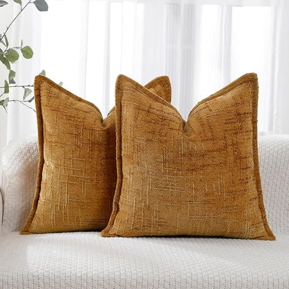 HPUK Fall Chenille Soft Throw Pillow Covers 18x18 Set of 2, Accent Cushion Covers for Living Room, Bedroom, Decorative Solid Color Pillow Covers for Couch, Sofa, Chair, Mustard Yellow