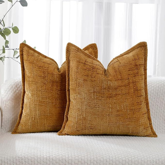 HPUK Fall Chenille Soft Throw Pillow Covers 18x18 Set of 2, Accent Cushion Covers for Living Room, Bedroom, Decorative Solid Color Pillow Covers for Couch, Sofa, Chair, Mustard Yellow