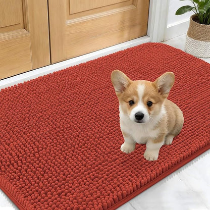 OLANLY Dog Door Mat for Muddy Paws 30x17, Absorbs Moisture and Dirt, Absorbent Non-Slip Washable Doormat, Quick Dry Chenille Mud Mat for Dogs, Entry Indoor Entryway Carpet for Inside Floor, Maple Red