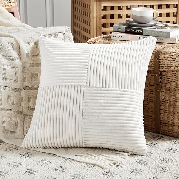 Fancy Homi 2 Packs Cream White Decorative Throw Pillow Covers 16x16 Inch for Living Room Couch Bed Sofa, Rustic Farmhouse Boho Home Decor, Soft Corss Patchwork Corduroy Textured Cushion Case 40x40 cm